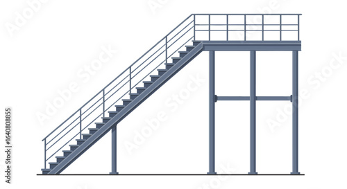 Industrial metal staircase with railing in minimalist flat design