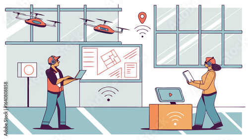 People using technology with drones flying in an office with large windows and wifi signals shown