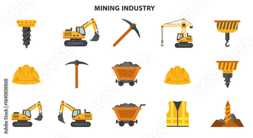 Colorful mining industry elements: tools, machinery, and equipment for construction and extraction