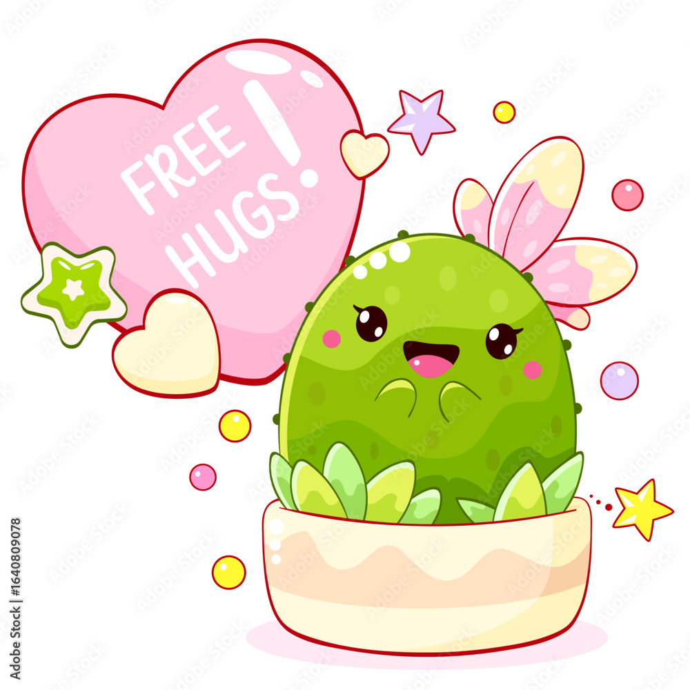 Fototapeta premium Free hugs. Friendly little cactus. Adorable kawaii cactus is just waiting for a hug. Poster for nursery, greeting card, print, banner for home interior, kid t-shirt. Vector illustration EPS8
