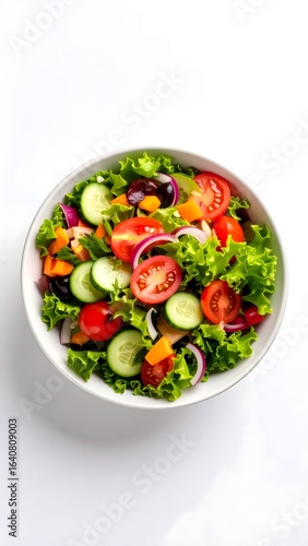 Top view of a fresh and vibrant garden salad in a white bowl, filled with colorful vegetables like tomatoes, cucumbers, and lettuce on a clean white background.