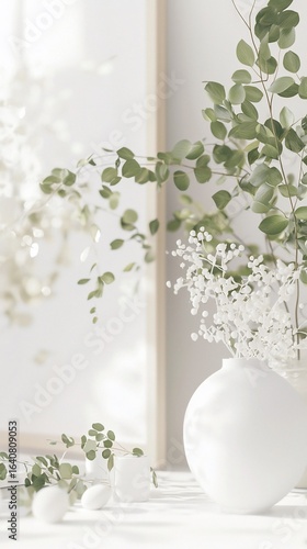 Elegant White Vase with Eucalyptus and Delicate White Berries, Soft Lighting