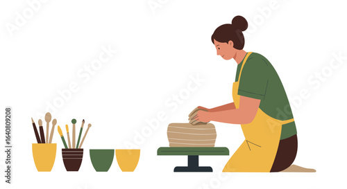 Pottery creation with artisan working clay on wheel in minimalist style