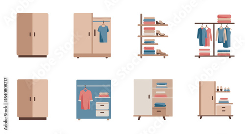 Modern wardrobe and closet designs with clothes and shoes in minimalist style