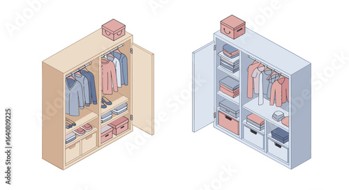 Isometric wardrobe design with organized storage and clothes