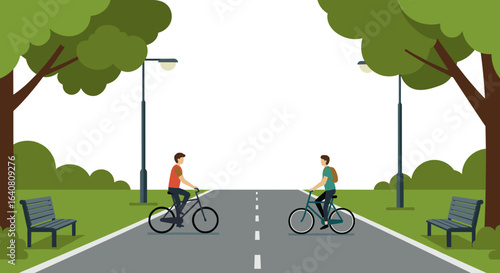 Park view with cyclists on pathway under streetlights and trees