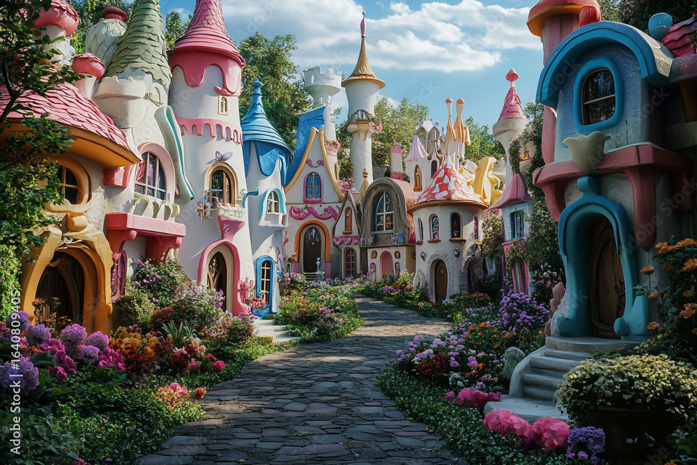 Fototapeta premium Whimsical fantasy village with colorful fairytale houses and cobblestone path