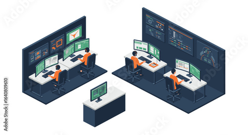 Modern security operations center with analysts monitoring multiple screens in isometric design