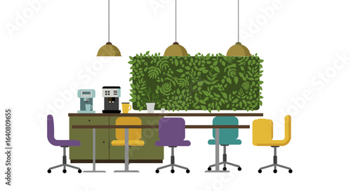 Modern office breakroom with green wall and colorful chairs