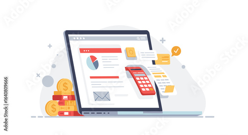Online financial management with laptop, calculator, and analytics tools