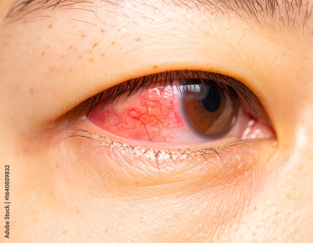 Fototapeta premium Close-up of a person's eye with redness and inflammation
