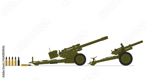 Detailed artillery cannon and ammunition on white background