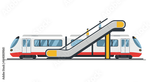 Modern commuter train and escalator in urban transport scene