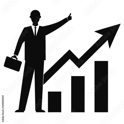 Businessman with briefcase gives a thumbs up next to a rising bar graph and arrow