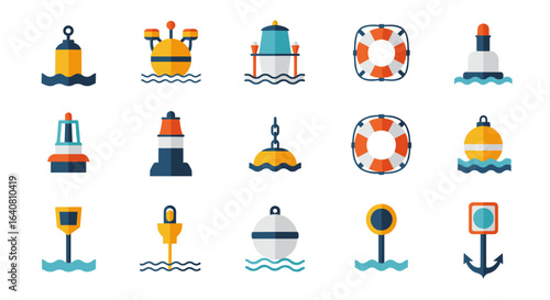 Colorful nautical buoys and lifebuoys collection in flat design