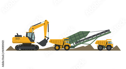 Construction machinery in action: excavator, dump trucks, conveyor in flat design