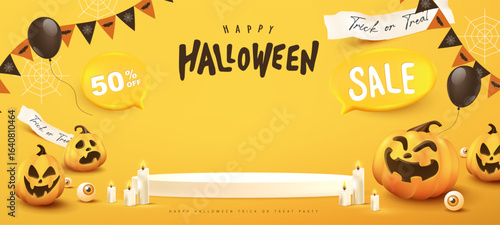 Halloween sale banner with pumpkins, balloons, 50 percent off and sale signs, stage display, candles and copy space on yellow background