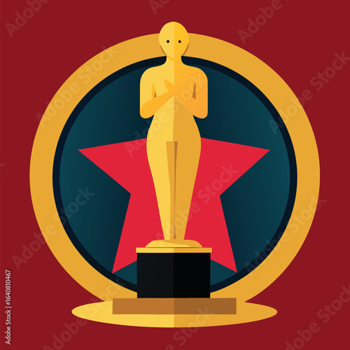 Golden statue symbolizing excellence in film surrounded by a circular emblem with a star on a red background