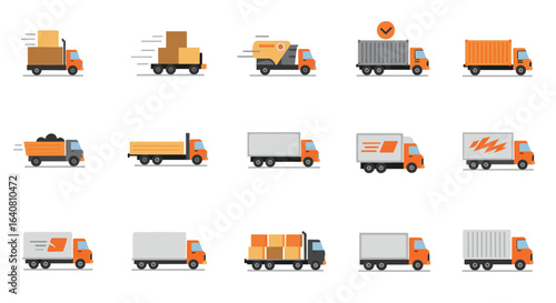 Flat design delivery trucks with diverse cargo and speed icons