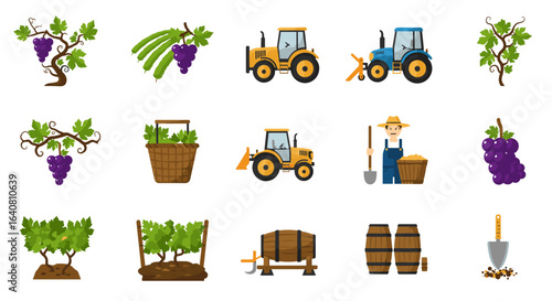 Modern farming set with grapes, tractors, and farming tools