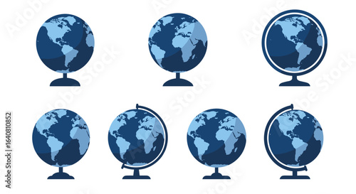 Collection of blue earth globes in different styles and angles on white background