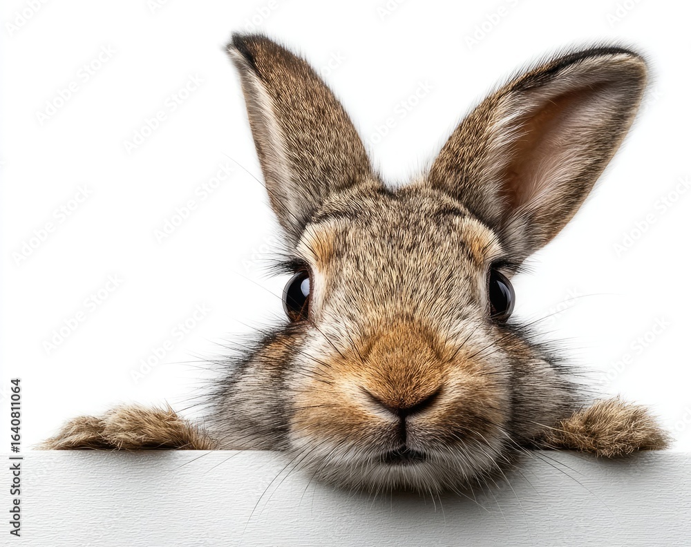 Fototapeta premium Rabbit peeking over white surface