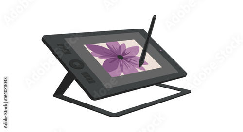 Digital drawing tablet with stylus and floral design on screen