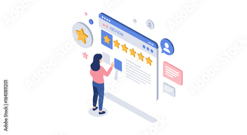 Isometric customer review concept with user feedback and star ratings