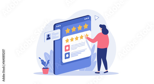 Online feedback concept with woman giving five star rating on website