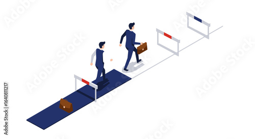 Businessman overcoming hurdles in success journey isometric design