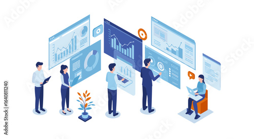 Team analyzing data in modern isometric workspace with interactive charts