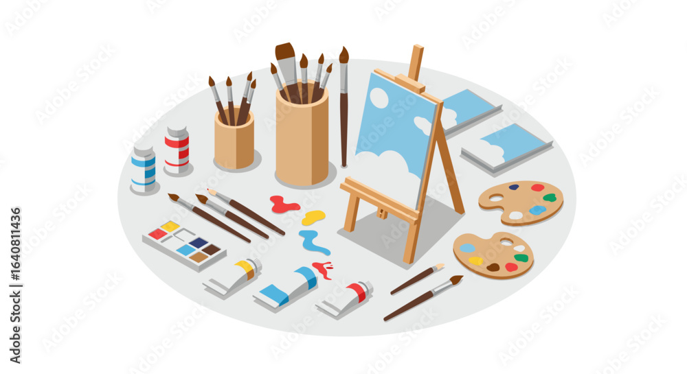 Obraz premium Isometric art supplies with easel and paints in creative studio setup