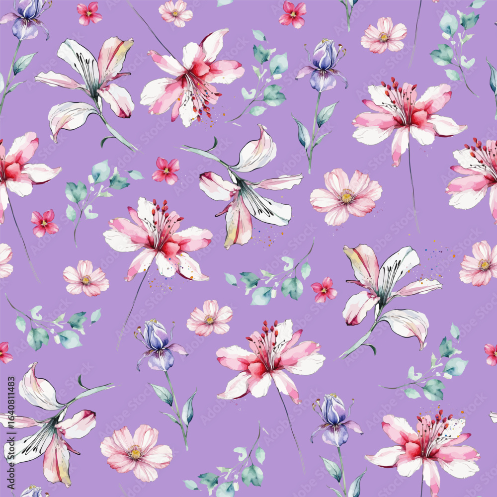 Fototapeta premium Floral Seamless Pattern Watercolor Style. Flowers Minimal Wallpaper Background Design. Botanical Template for Textile, Fabric, Print, Banner, Web, Social Media. Vector Illustration