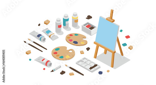 Isometric artist workshop with easel, paints, and brushes in creative studio setting
