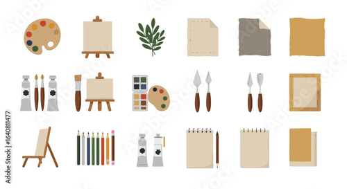 Art studio essentials: paint tubes, brushes, easels, and more in flat design