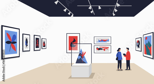 Minimalist art gallery with abstract paintings and visitors in conversation