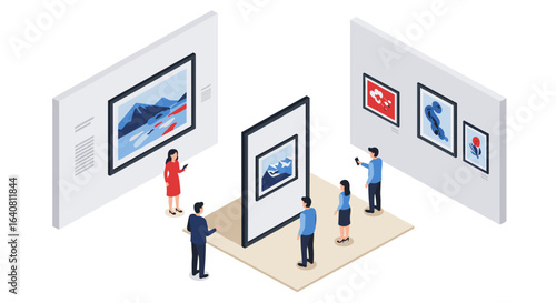 Immersive art gallery with people viewing modern isometric exhibitions