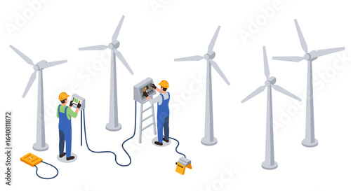 Technicians maintaining wind turbines in isometric 3d style