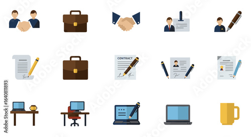 Business icons set: handshake, briefcase, contract, office desk, and laptop in flat design