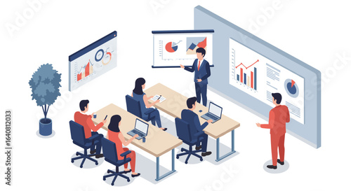 Wallpaper Mural Business meeting in isometric office with presentation screens and team collaboration Torontodigital.ca