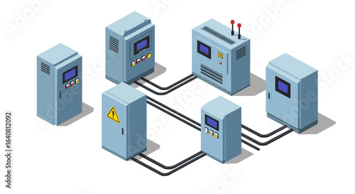 Isometric electrical control panels with connected cables in a grid layout