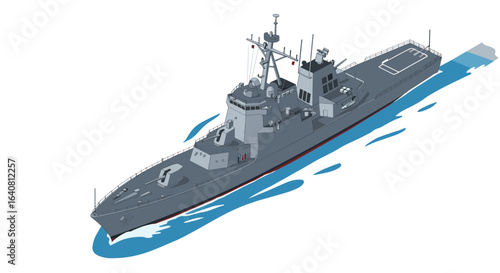 Modern naval warship in isometric view on open sea