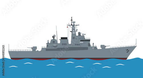 Modern navy warship on blue ocean waves