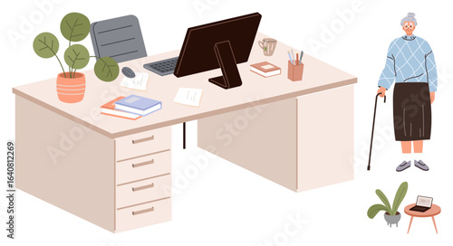 Office setting with a desk, computer, books, plants, stationary items, and an elderly woman holding a cane. Ideal for work-life balance, inclusivity, aging population productivity home office