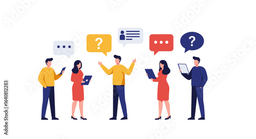 Diverse team engaging in communication with speech bubbles in modern flat design