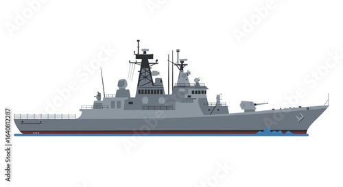 Modern warship side view in flat design with minimalist detailing