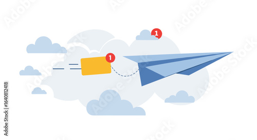 Digital communication concept with mail notification and paper plane in clouds