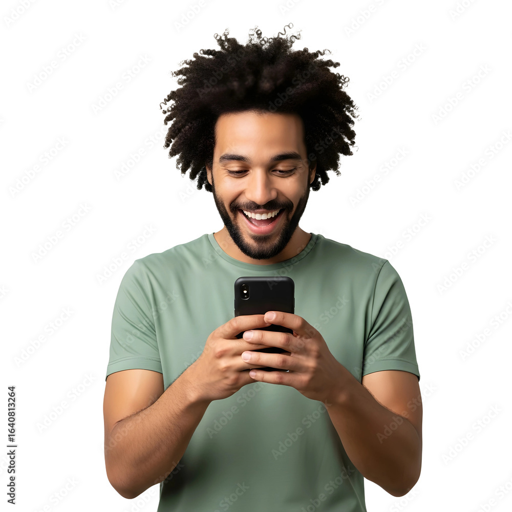 Curly hair man using mobile phone man smiling while looking at his phone on white, transparent background Curly hair man using mobile phone man smiling while looking at his phone on white, transparent background