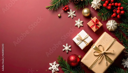 Festive holiday gift presentation cozy indoor setting high-quality photography red background aesthetic christmas decor seasonal vibe