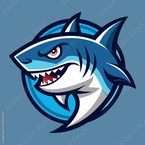 Shark mascot design representing strength and agility in a sporty blue background ideal for team branding and merchandise